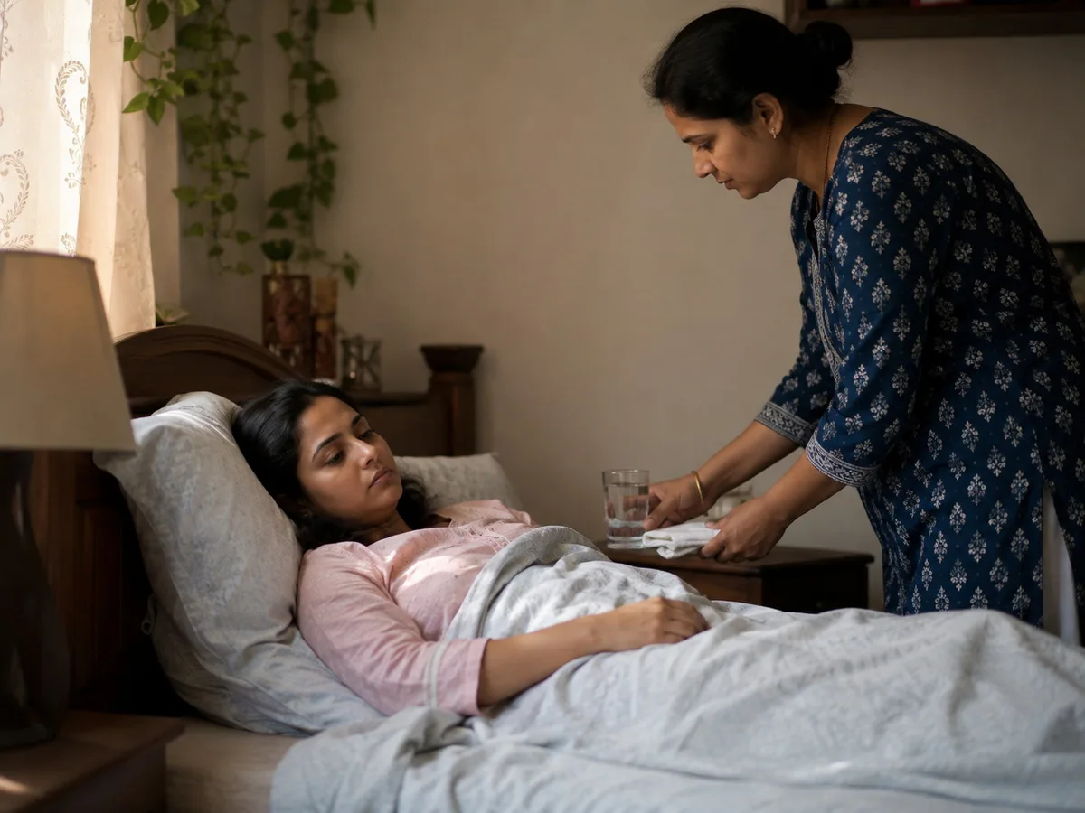 Woman resting at home while a family member sets a glass of water beside her